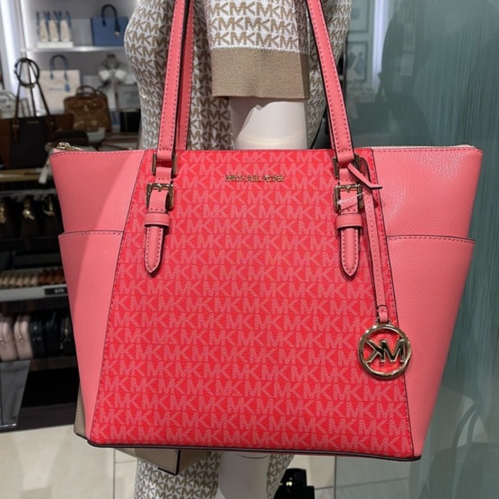 Michael Kors Charlotte Large Logo and Leather Top-Zip Tote Bag Coral Reef Multi - Picture 1 of 16